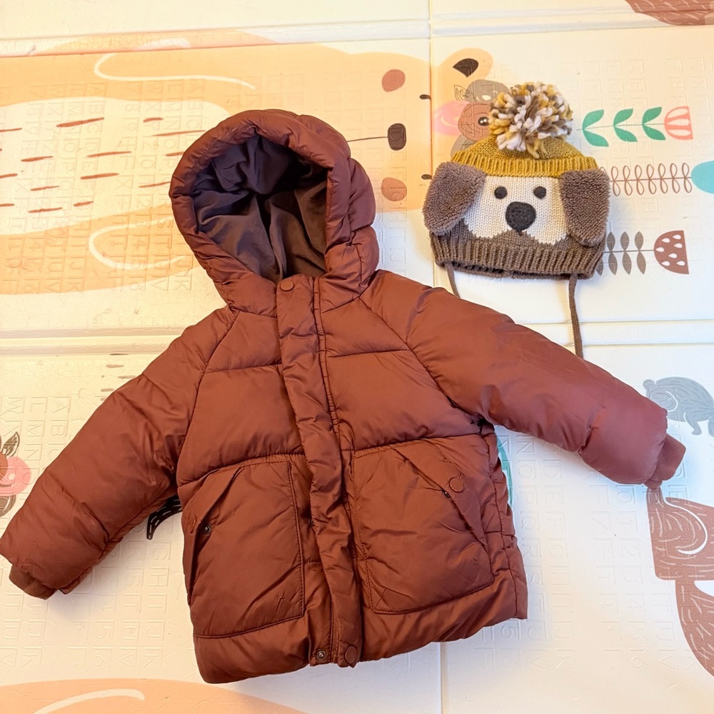 Zara Brown Kids Puffer Jacket and Dog Hat Set